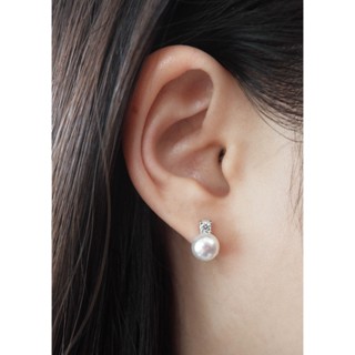 NEVER-N ต่างหูมุกแท้ / ต่างหูมุกน้ำจืดแท้ / freshwater pearl earrings / single diamond pearl stud earrings