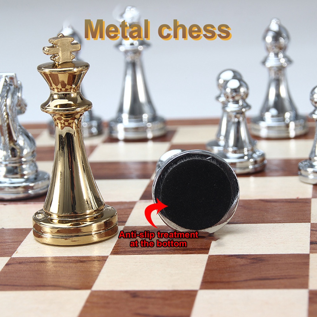 Metal Chess Set Folding Wooden Chess Board Handcrafted Chess Pieces Table Game Portable Travel Chess Board Game Sets 12