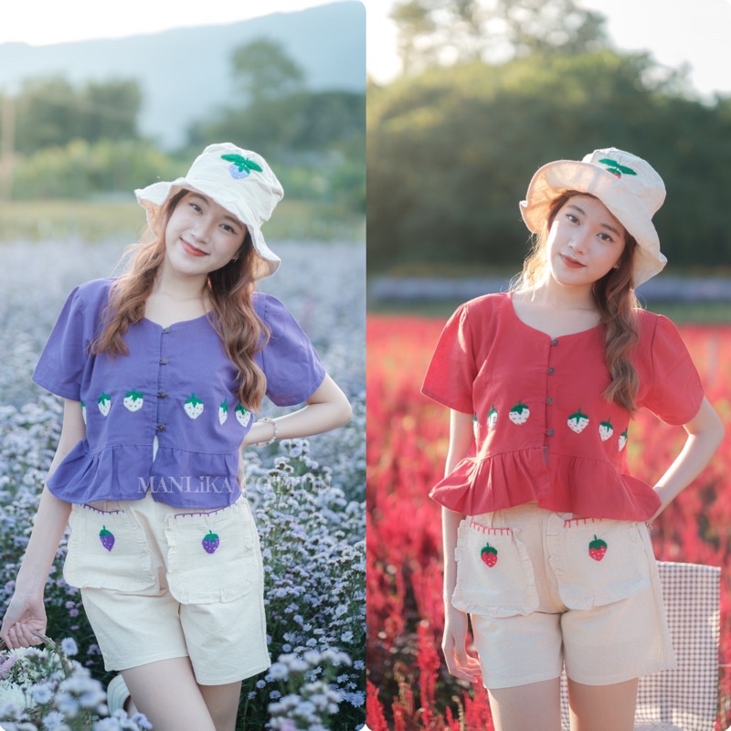 พร้อมส่ง ชุดเซ็ตพื้นเมือง ผ้าฝ้าย ขาสั้นปักสตอเบอรี่