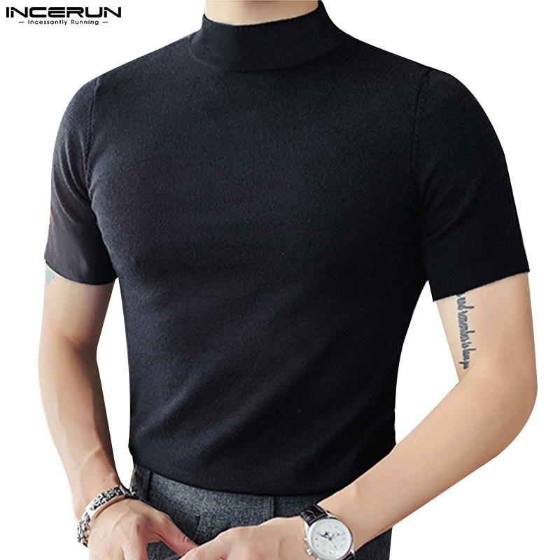 INCERUN เสื้อยืดแขนสั้นผู้ชายสีทึบครึ่งแขน Bottoming