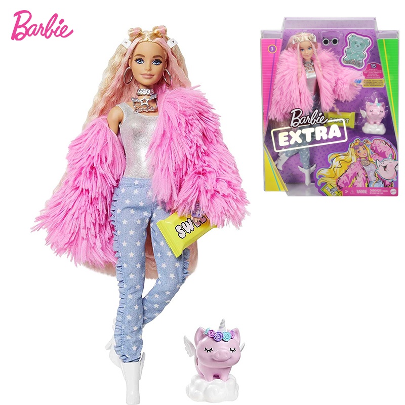 Barbie Extra Doll 12in 3 Pink Fluffy Coat with Pet UnicornPig Extra