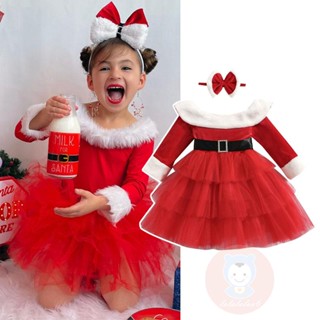 LAA6-Baby Girl 2Pcs Christmas Outfits, Off Shoulder Long Sleeve Tulle Dress + Headband Set