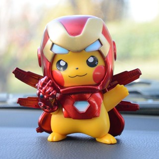 โมเดลฟิกเกอร์ PVC รูปการ์ตูนโปเกม่อน ปิกาจู อเวนเจอร์ส ซูเปอร์ฮีโร่ Iron-Man ขนาด 10 ซม. สําหรับตกแต่งห้องเด็ก