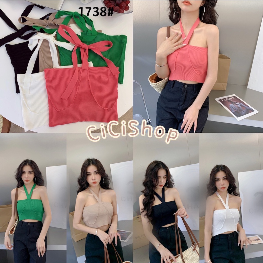 Cicishop(SALE/สุ่ม 1738)เสื้อเกาะอกไหมพรมknit มีดีเทลสายผูกคล้องคอปังๆ เนื้อผ้ายืดได้เยอะ