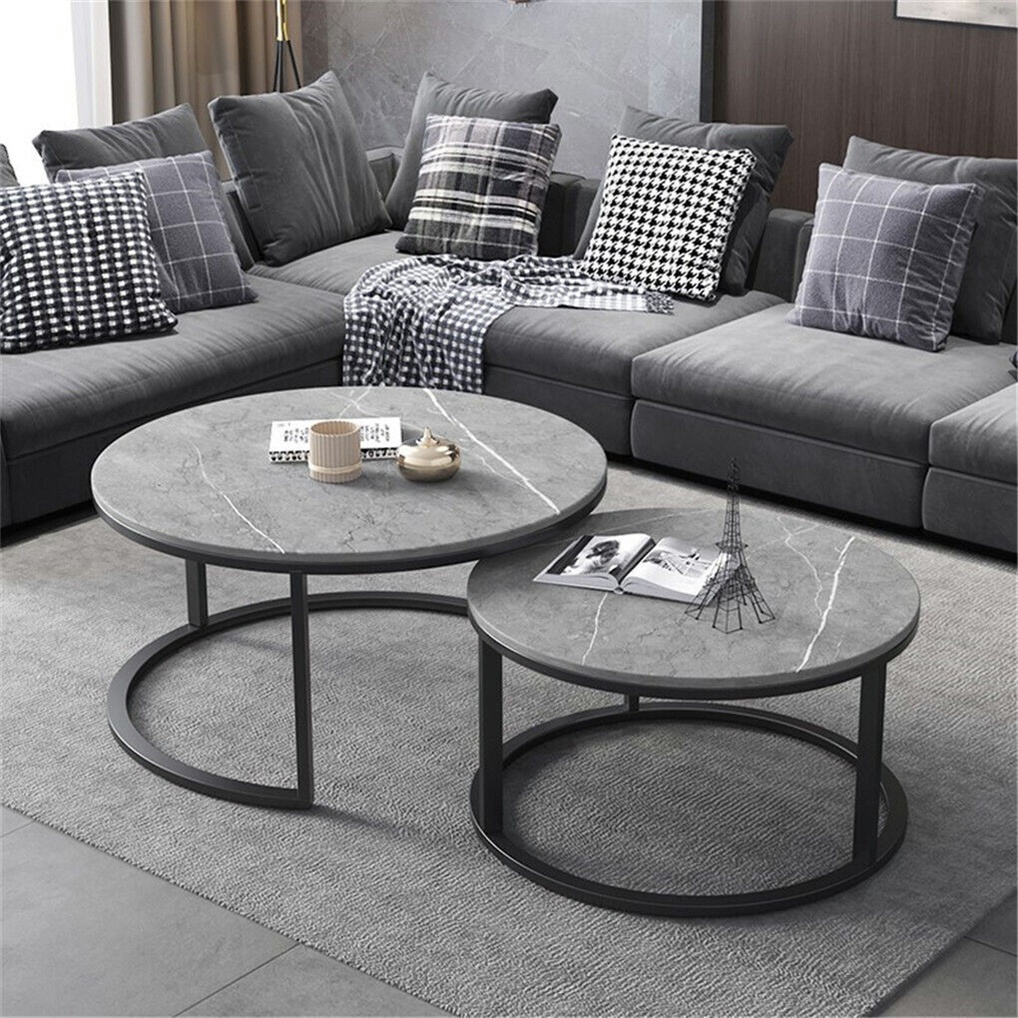 WISFOR ชุดโต๊ะกลางกาแฟหินอ่อนกลม Set of 2 Marble Round Nesting Coffee Table Grey Side End Table Acce