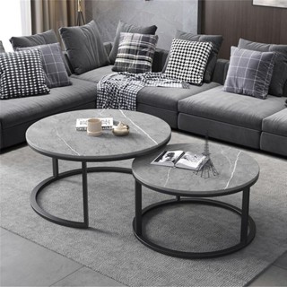 WISFOR ชุดโต๊ะกลางกาแฟหินอ่อนกลม Set of 2 Marble Round Nesting Coffee Table Grey Side End Table Accent Table