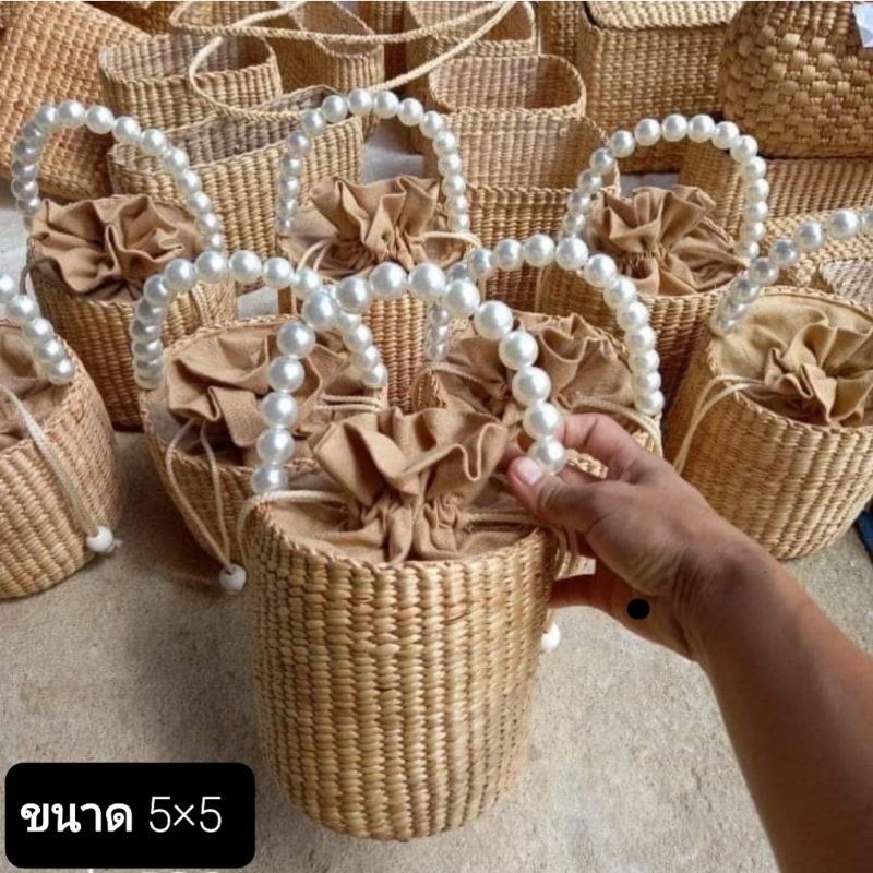 SALE งานพร้อมส่ง กระเป๋าผักตบชวา ทรงถังหูจับมุก พร้อมส่ง