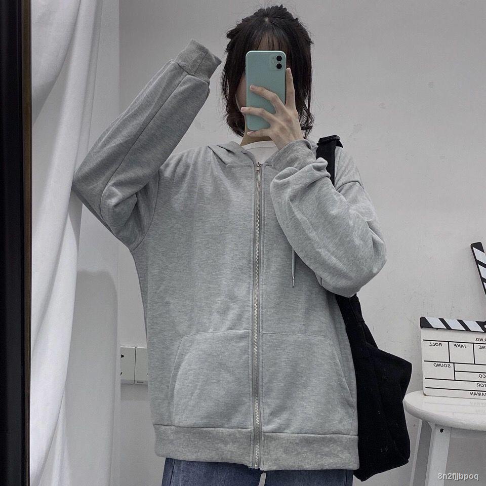 Hooded Zip-up Women Korean Style Oversized Hooded Vintage Solid Color Long Sleeve Sweatshirt Women Casual Autumn Clothes #0