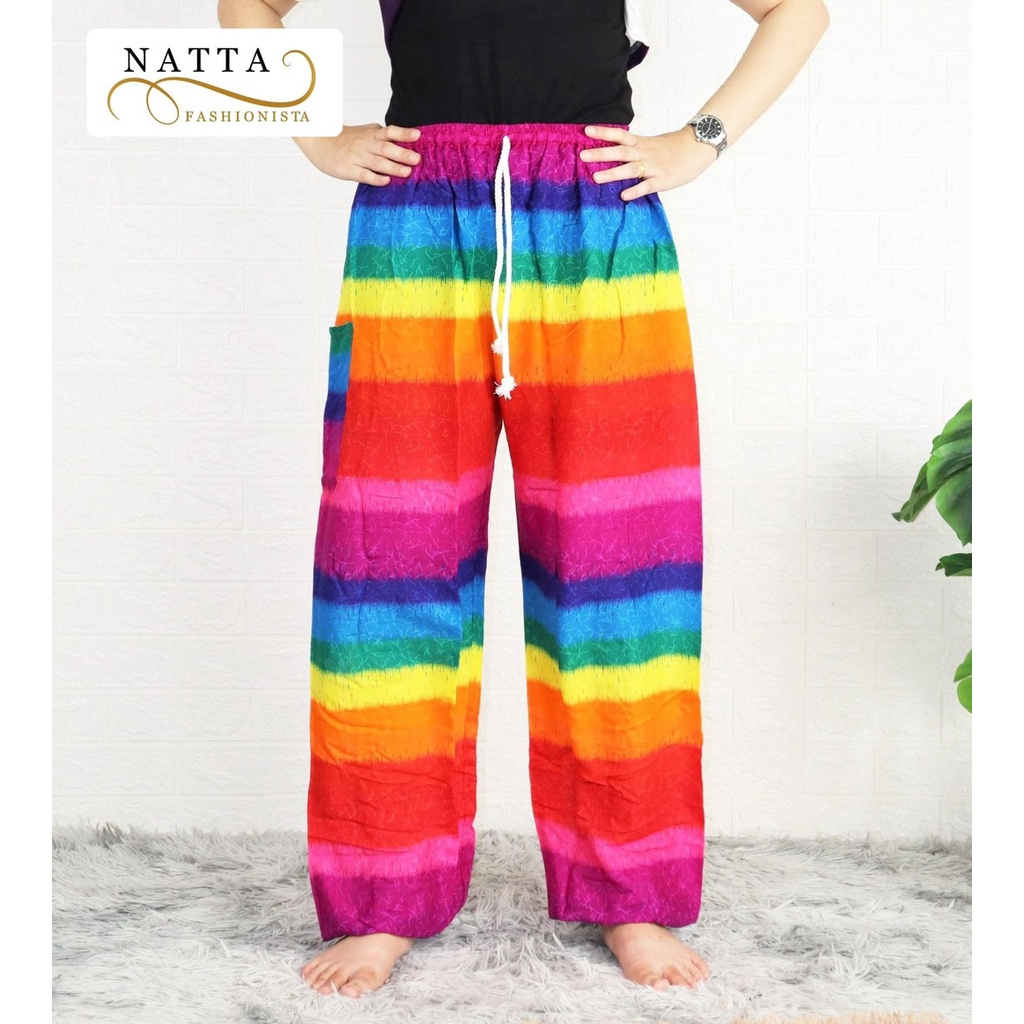 พร้อมส่ง กางเกงช้างเอวเชือก ฟรีไซส์ ใส่ได้ทั้งหญิงชาย ลายรุ้ง