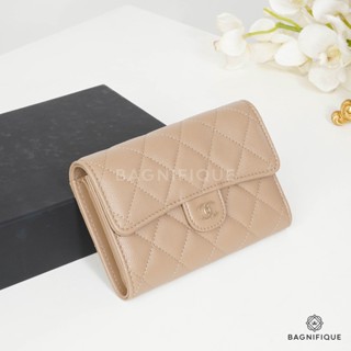 NEW CHANEL TRI FOLD MEDIUM DARK BEIGE CAVIAR GHW