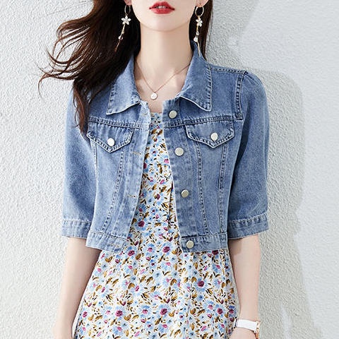 【imove】เสื้อแจ็กเก็ตยีน แขนสั้น หกส่วน สไตล์เกาหลี ลําลอง สีฟ้า สําหรับผู้หญิง
