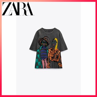 Zara เสื้อยืด คอกลม แขนสั้น พิมพ์ลาย แฟชั่นฤดูใบไม้ร่วง และฤดูหนาว สําหรับผู้หญิง