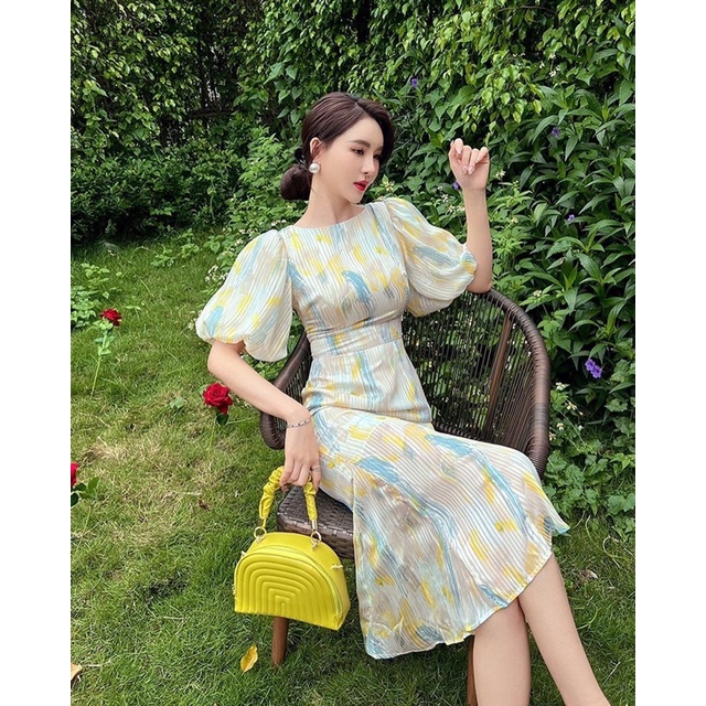 Mogwany พรี Claudia Dress เดรสยาวลายทรงสวย แขนบอลลูน มีซับใน ซิปหลัง ใส่เที่ยว,ออกงาน ได้ค่า