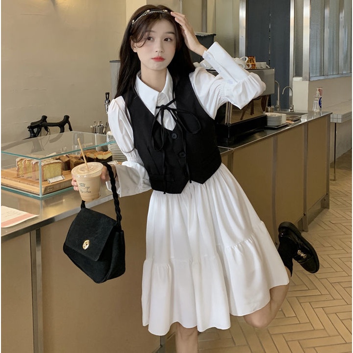 BVintage Gothic Lolita Dress Women Harajuku Black Bandage White Mini Dress Autumn Plus Size Long Sleeve High Waist Party #6