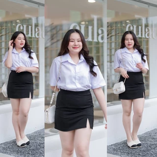 กระโปรงนักศึกษาทรงเอผ่าหน้าไซต์ใหญ่ ทรงเอผ่าหน้าสาวอวบ กระโปรงทรงเอ ผ้าฮานาโกะ สีดำ ผ้ายืด