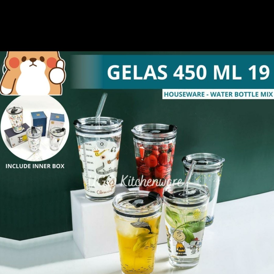 ขายถ้วยแก้วแก้ว TUMBLER DRINKING BOTTLE แก้วใส TICK TRANSPARENT 450ML + STRAW TUMBLER