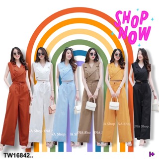 TW16842  Set 2 ชิ้น เสื้อคร๊อปแขนกุดปกสูทไขว้+กางเกงขายาว