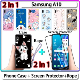 2 IN 1 เคส Samsung A10 พร้อมกระจกนิรภัย ป้องกันหน้าจอ แบบโค้ง เซรามิค ดีไซน์รูปแมวและโดราเอมอน