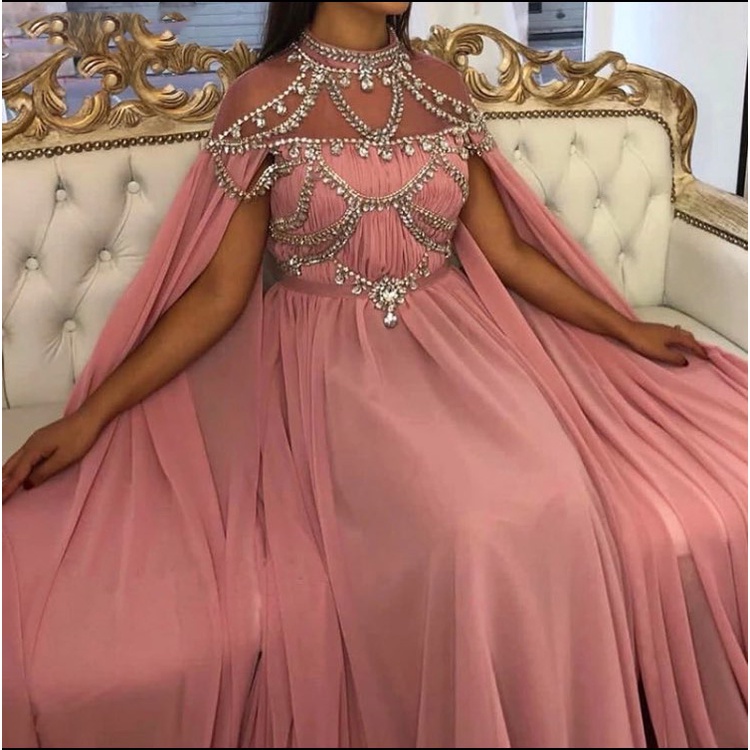 ABlush Pink Muslim Formal Evening Dress 2022 Illusion High Neck Crystal Chiffon Islamic Dubai Kaftan Arabic Long Evening #6