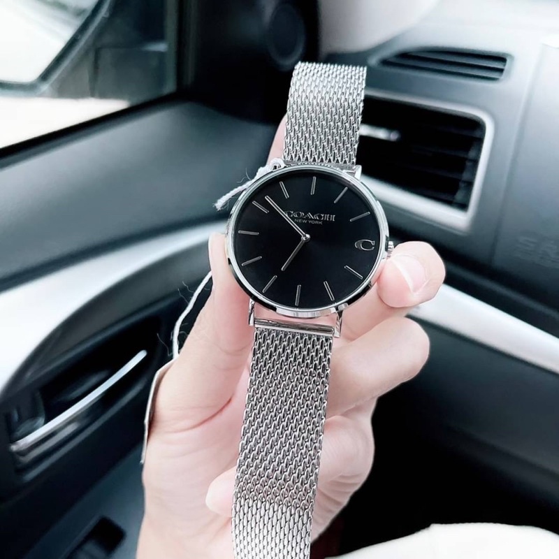 (ผ่อน0%) นาฬิกา สแตนเลสสีเงิน หน้าปัดสีดำ  📌ใส่ได้ทั้งชายและหญิง  Coach Charles Watch 14602144 ✔️หน้าปัดกลม 41 มม.