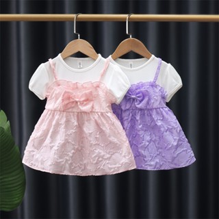 ชุดเดรสเจ้าหญิง แขนสั้น คอกลม ประดับโบว์ ขอบลูกไม้ สีขาว แฟชั่นฤดูร้อน สําหรับเด็กผู้หญิง ใส่ไปงานปาร์ตี้ งานแต่งงาน