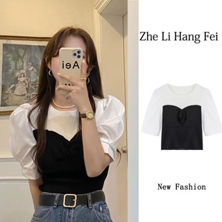 Zhelihangfei/ เสื้อยืดแขนสั้น ผ้าถัก สองชิ้น สุดชิค