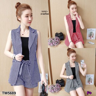 CS5689  Set สูทแขนกุด+กางเกงขาสั้นลายสก้อต  Set sleeveless suit + plaid shorts