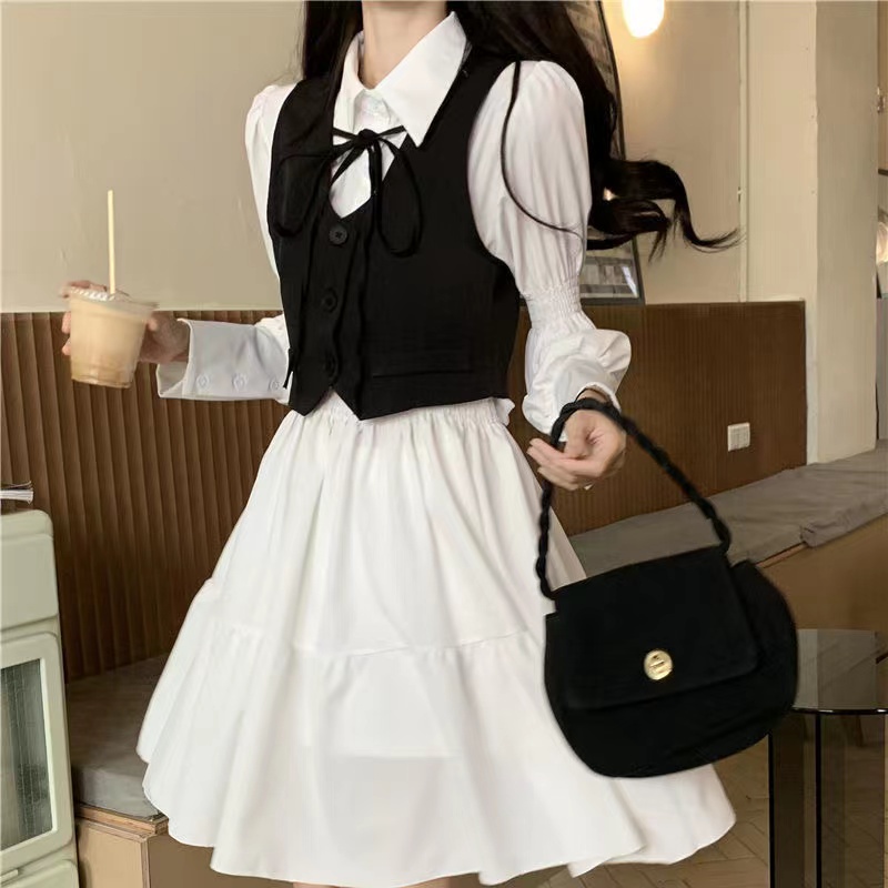 BVintage Gothic Lolita Dress Women Harajuku Black Bandage White Mini Dress Autumn Plus Size Long Sleeve High Waist Party