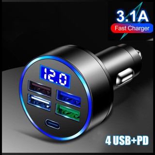 Zevaret 4 พอร์ต Usb Type-c Fast Car Charger Led จอแสดงผลดิจิตอลแบบเรียลไทม์พร้อมระบบตรวจจับแรงดันไฟฟ้า 5-in-1 Chargers