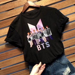 BTS เสื้อยืดพิมพ์ลายสไตล์เกาหลี,เสื้อลำลองแขนสั้นทรงหลวมเสื้อยืดพิมพ์ลาย