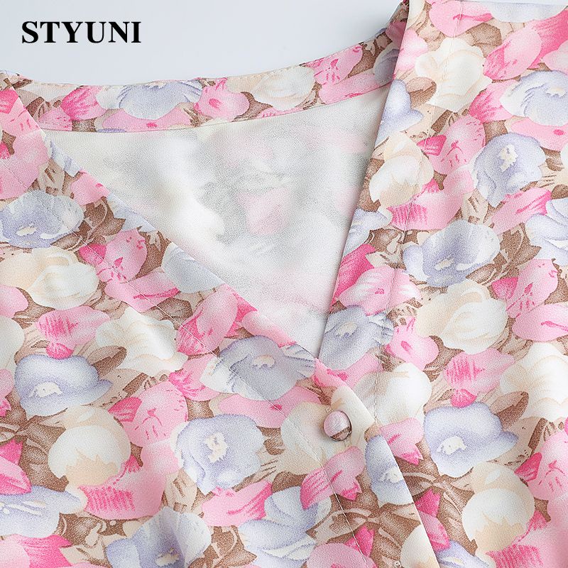 ACherry blossom pink bohemian chiffon dress 2022 spring new sweet Japanese big swing high waist printed V-neck dress fem #4