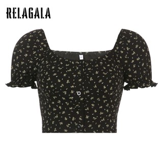 Relagala เสื้อยืดแขนสั้น คอปก แขนพอง ลายดอกไม้ แฟชั่นสําหรับสตรี