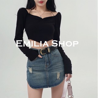 EMILIA SHOPเสื้อ เสื้อครอปเสื้อผ้าแฟชั่นผู้หญิงเสื้อแขนยาวไหมพรม2022 ใหม่MI2208313