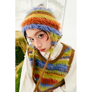 YEDM Contrast Color Striped Fur Stitching Rainbow Hat Plush Bonnet หมวกไหมพรม สายรุ้ง สีรุ้ง กันหนาว