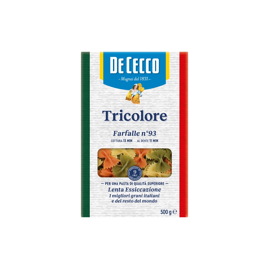 De Cecco Pasta Farfalle Tricolor no. 93 (500g) พาสต้ารูปโบว์สามสี ฟาร์ฟาลเล่ ดีเชคโก เบอร์ 93 ขนาด 500 ก.