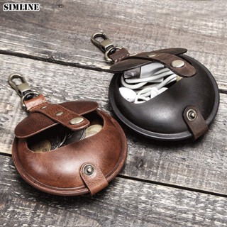 Men 100% Real Leather Wallet Crazy Horse Round Small Coin Change Purse Earphone Airpod Bag Unisex Storage Bag Protective