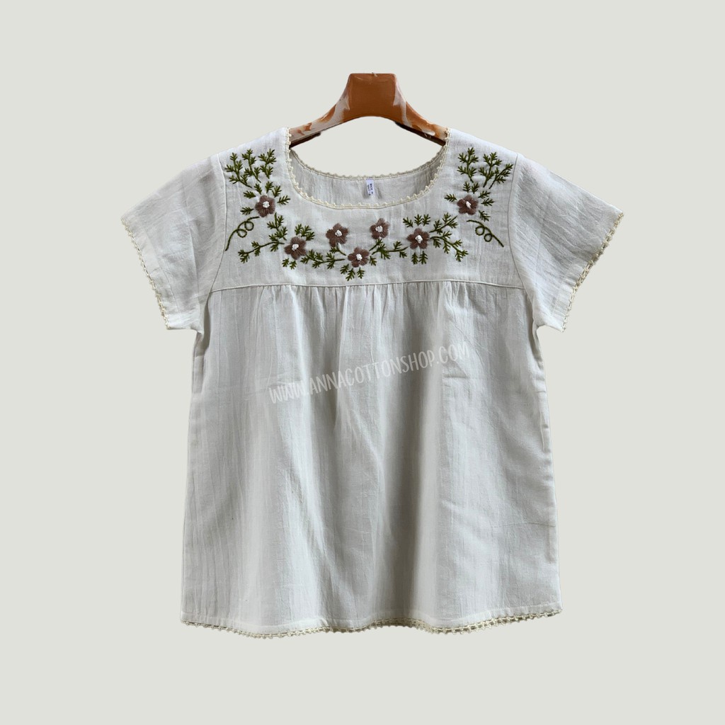เสื้อผ้าฝ้ายปักมือ คอยูแขนสั้น ใส่สบาย ไม่หด งานถักโครเชต์ รีวิวครบ