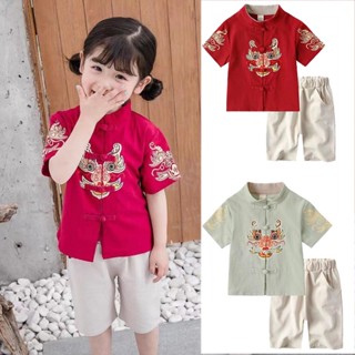 Cny Kids Tangsuit ชายหญิงชุดเสื้อเชิ้ตแขนสั้นสไตล์จีนย้อนยุคมังกรระบายอากาศถังสูท