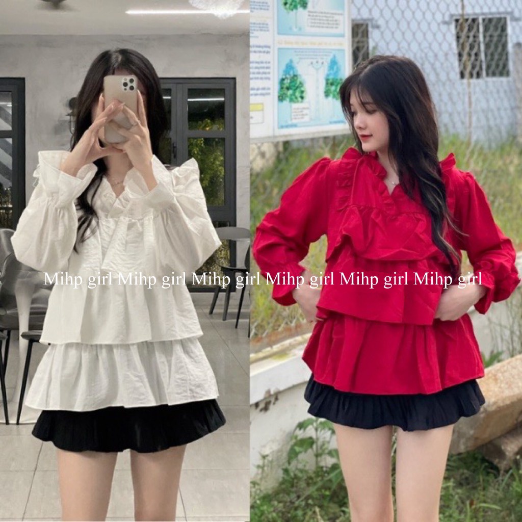 เสื้อแขนยาว เบบี้ดอลล์ เสื้อผู้หญิงวินเทจสีขาวเสื้อเลดี้หลายชั้นมีระบาย