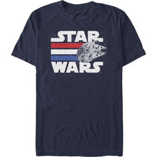 Millennium Falcon Red White Blue Stripes Star Wars T-Shirt เสื้อยืดสีขาว เสื้อยืดวินเทจ