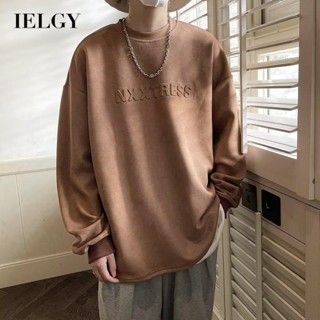 IELGY เสื้อยืดแขนยาว หนังกลับ ทรงหลวม สไตล์อเมริกัน สําหรับผู้ชาย