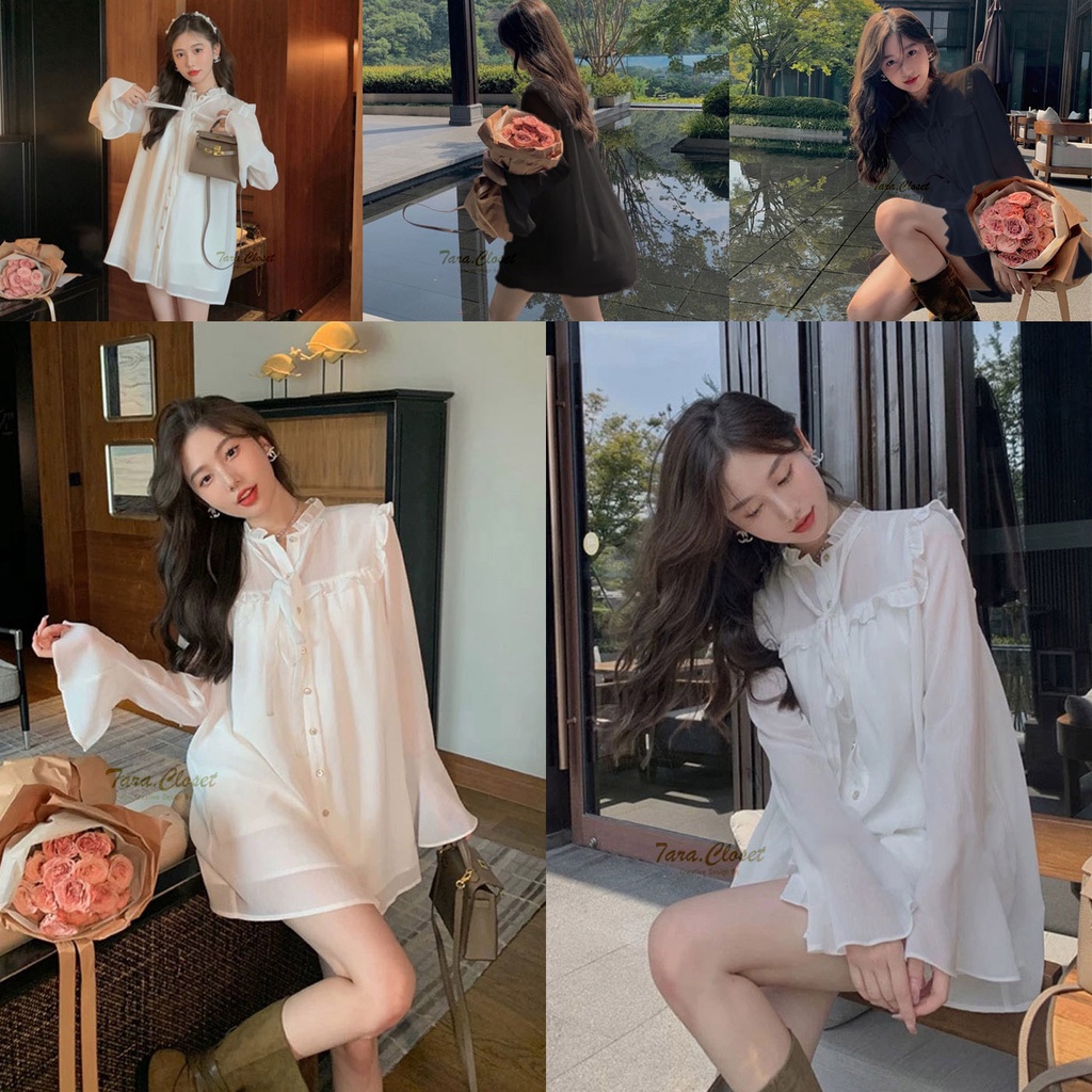 ZO057 TARA Dress มินิเดรส แขนยาว ดีเทลแขนกระดิ่ง กระดุมหน้า คอปีน แต่งระบาย เพิ่มความน่ารัก ฟรุ้งฟริ้ง ผ้าชีฟอง
