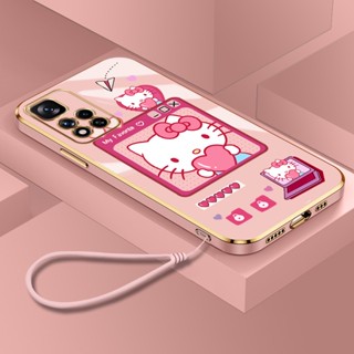 เคส Xiaomi Redmi 10A 10C 10 Prime การ์ตูนน่ารัก Hello Kitty เคสป้องกันเลนส์เต็มรูปแบบ สี่เหลี่ยม ชุบ เคสโทรศัพท์ แบบนิ่ม พร้อมสายคล้อง