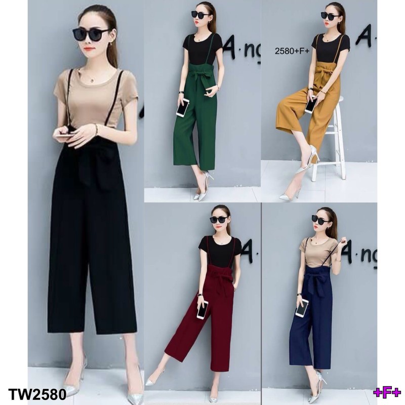 CS2580  Set 2 ชิ้น เสื้อยืด+เอี้ยมเอวสูงขายาว ผูกโบว์  Set 2 pieces. T-shirt + high waist bib, long 
