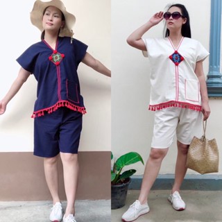 ชุดเซตผ้าฝ้าย เสื้อ+กางเกง แต่งเทประบายพู่