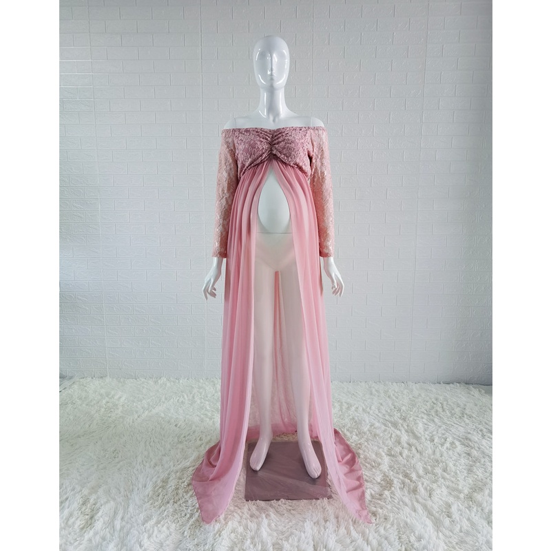 ADusty Pink Long Chiffon Maternity Photography Dress Sweet Heart Maternity Lace Dresses For Photo Shoot Slit Open Pregna #9