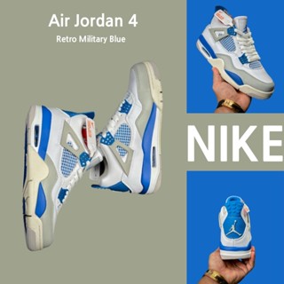 （ยิงจริง）Nike Air Jordan 4 Retro Military Blue ของแท้100%💯รองเท้าผ้าใบ รองเท้า รองเท้าวิ่ง รองเท้า nike-1-4