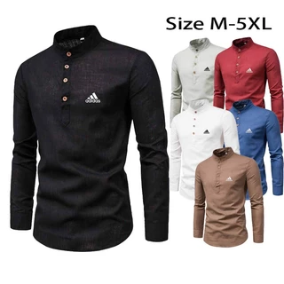Baju Kurta Lelaki เสื้อเชิ้ตผ้าลินินลําลองผู้ชาย Melayu Cekak Musang แขนยาว Muslimah Lelaki Baju Berkolar