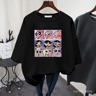 JK black tshirt The Powerpuff Girls Korean ulzzang Harajuku summer short sleeve fashion tops vintageเสื้อยืด