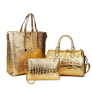 Amberler Fashion PU Leather Women Handbags Luxury Designer Crocodile Pattern 3 Pieces Sets Shoulder Bag High Quality Tot